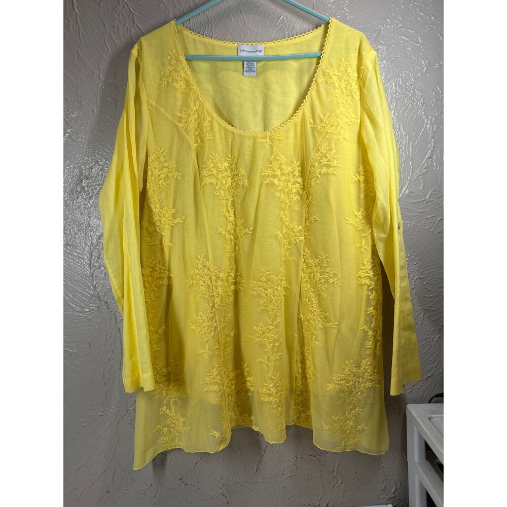 Soft Surroundings Yellow Roll Sleeve Lace Overlay‎ Tunic Top Women’s Size Large